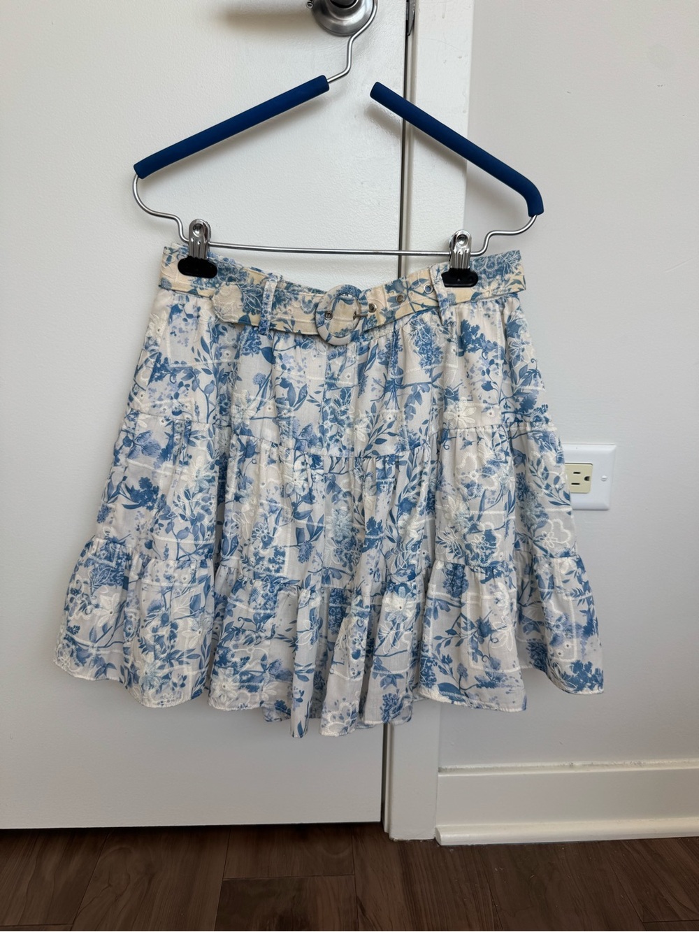 English Factory Blue and Cream Floral Tiered Skirt with Belt - Picture 4 of 6